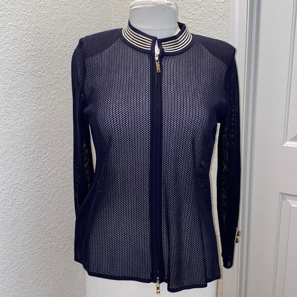 Misook Jackets & Blazers - Misook Mesh Zipper Jacket Navy & Gold EUC Sz S Acrylic Navy Blue Cream Acrylic